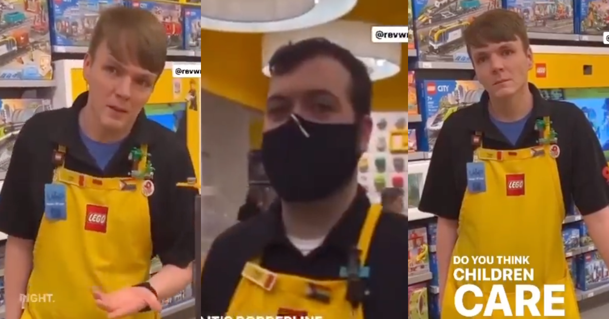 screenshots of Lego store employees from 