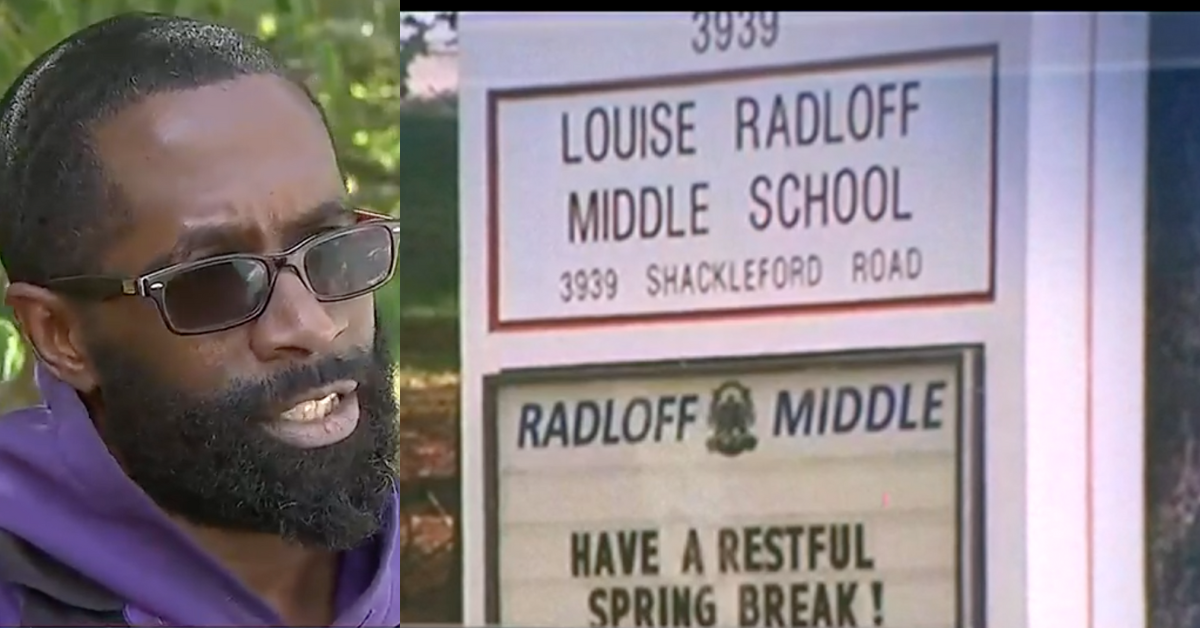 WSB-TV screenshot of Cameron Madison, father of Black middle school student; WSB-TV screenshot of sign for Louise Radloff Middle School