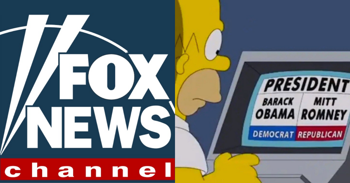 Fox News logo; FOX screenshot from "Simpsons" episode showing Homer voting in 2012