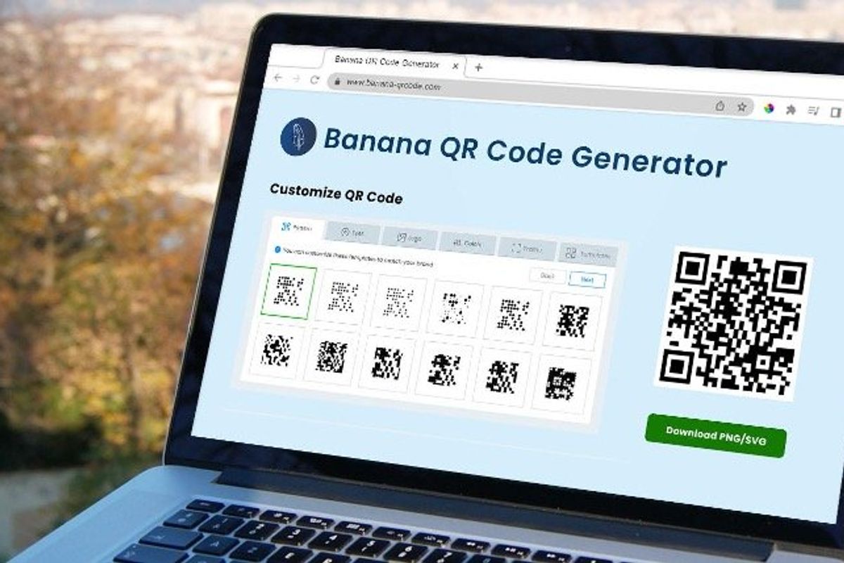 a photo of a laptop showing Banana QR Code Generator Home Page