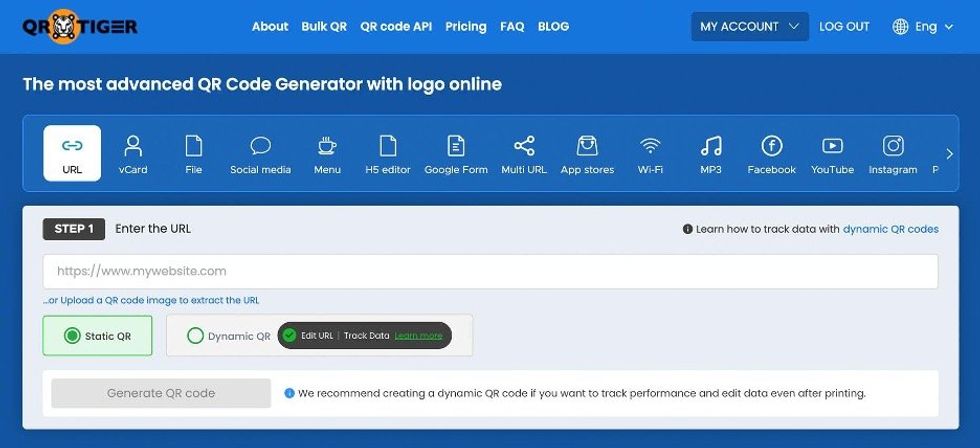 screennshot of QR Tiger QR code generator