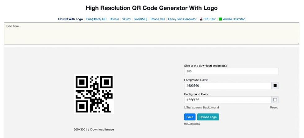 screenshot of High QR Code Generator.com