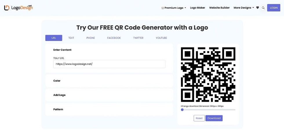 Screenshot of LogoDesign QR Code generator