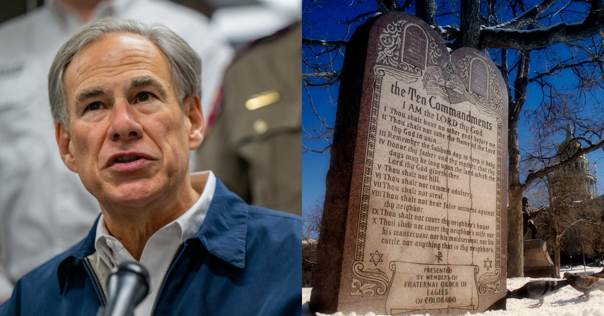 A split image with Texas Governor Greg Abbott on the left and a monument displaying the Ten Commandments on the right.