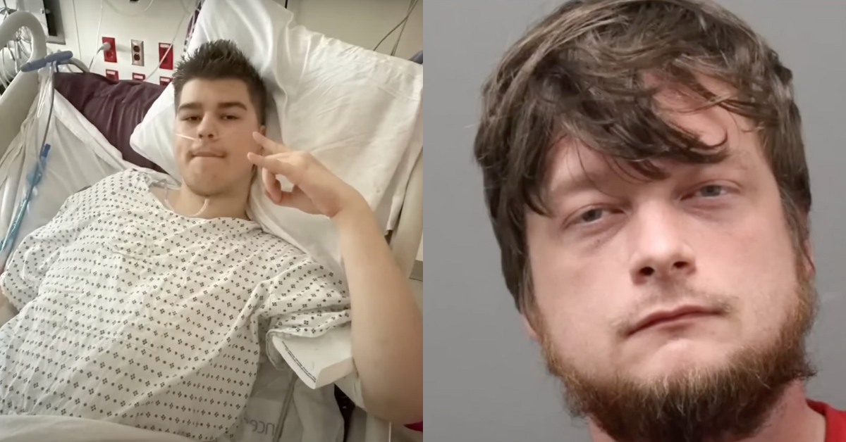 A split image with YouTuber Tanner Cook on the left and a mugshot of Alan Colie on the right.