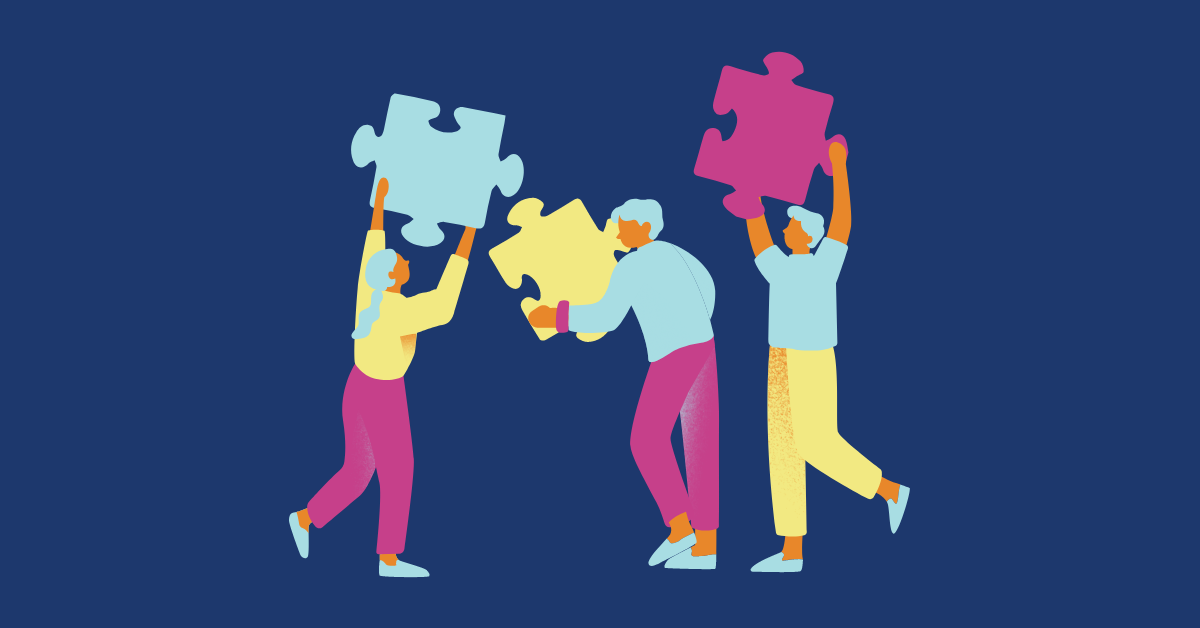 A cartoon image of a group of coworkers holding up puzzle pieces