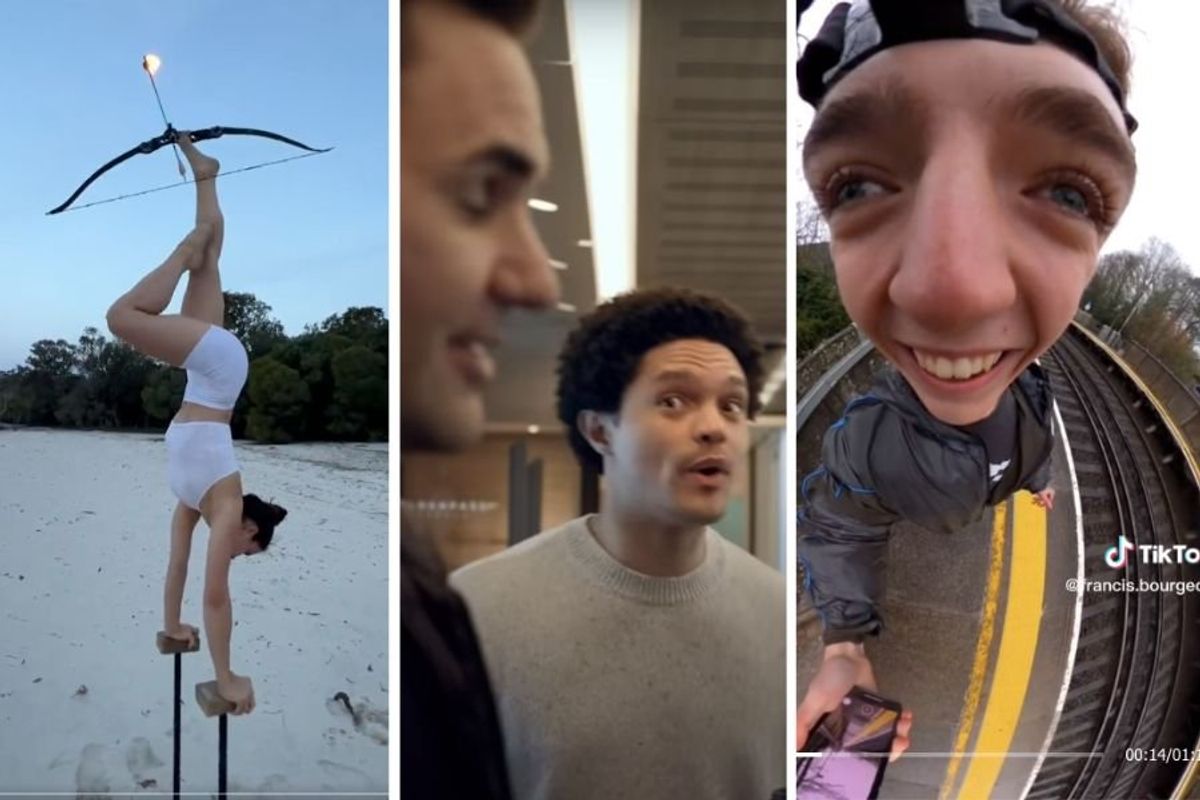 woman firing flaming arrow with feet, roger federer and trevor noah, smiling man