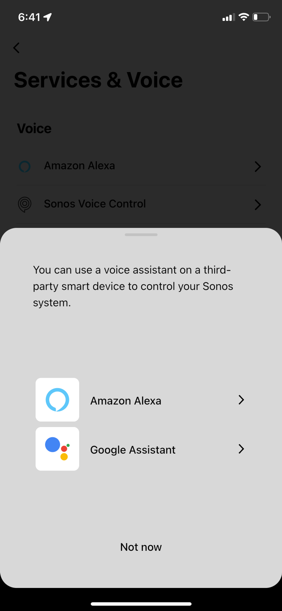 Screenshot of google assistant integration in the Sonos app