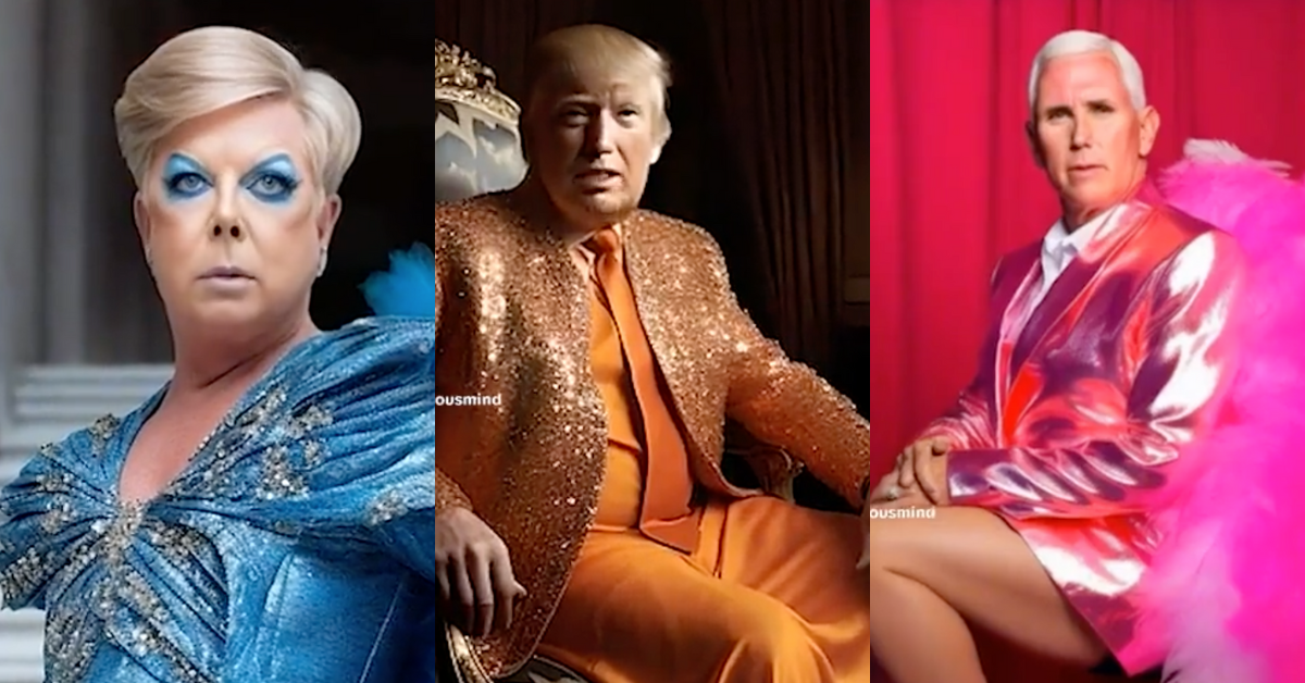 TikTok screenshots of Lindsey Graham, Donald Trump, and Mike Pence as AI drag queens