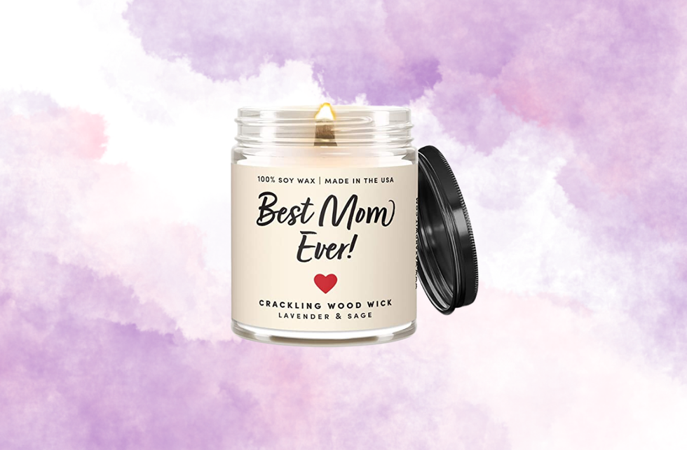 Soy wax candle labeled "Best Mom Ever!" on a pastel watercolor background.