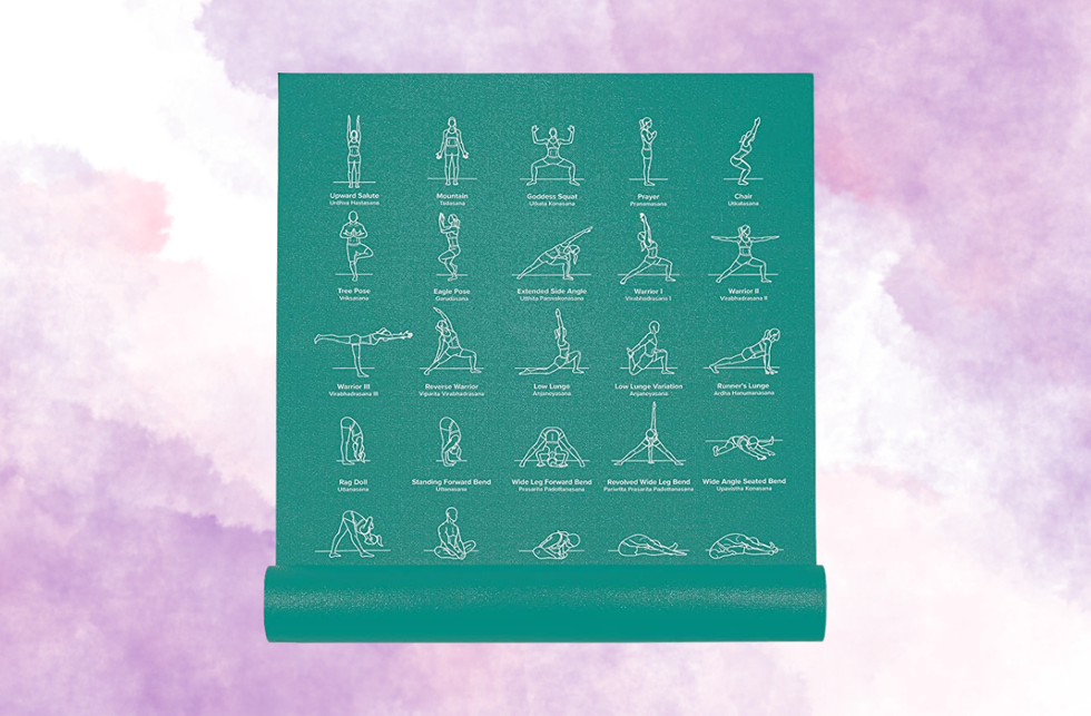 Green yoga mat with illustrated poses, each labeled with names, on a purple background.