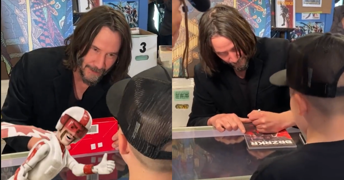 Split screenshots of Keanu Reeves talking to little boy fan, Noah, while signing autographs