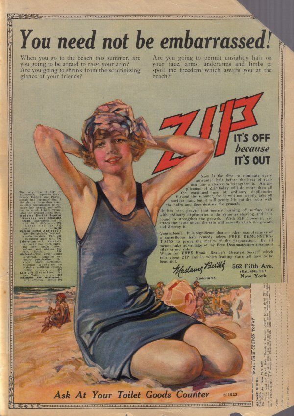 vintage ad for a hair removal product describing having body hair as "embarassing"