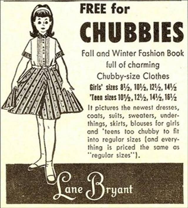 a vintage Lane Bryant ad advertising "chubby-sized" clothes