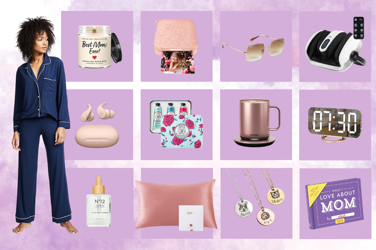 Gift ideas collage: pajamas, candles, jewelry, mug, clock, and more on a purple background.