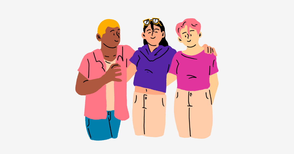 Image of a group of LGBTQIA+ friends standing in a circle and smiling