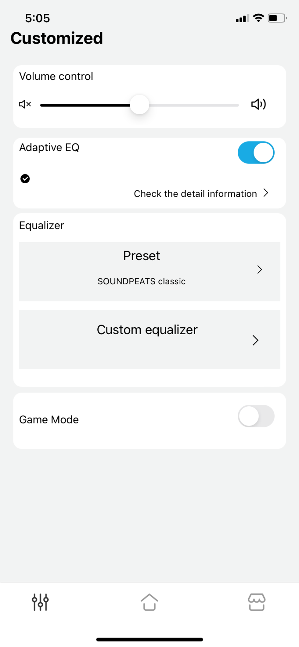 screenshot of Soundpeats app showing Adaptive EQ setting