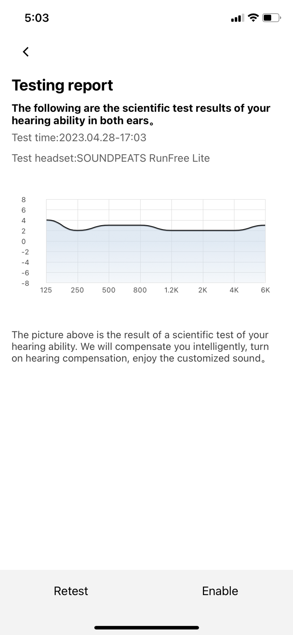 a screenshot of test results from our sound test for adaptive eq