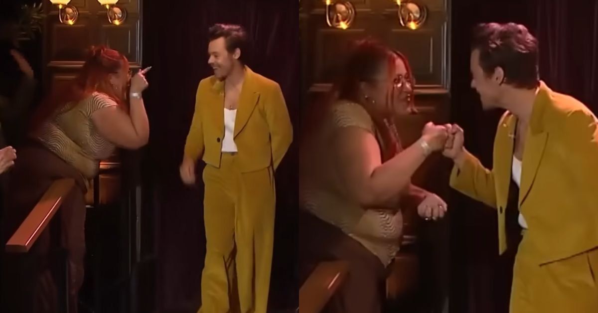Screenshots of Harry Styles greeting guest on James Corden's final show. 