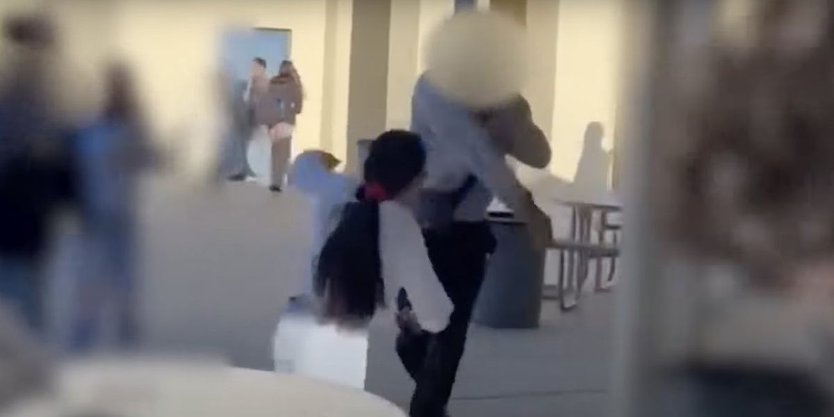 NextImg:Video: Trans student 'born male' who allegedly showed 'his genitals' in HS girls' locker room absolutely towers over girl in lunchtime fight