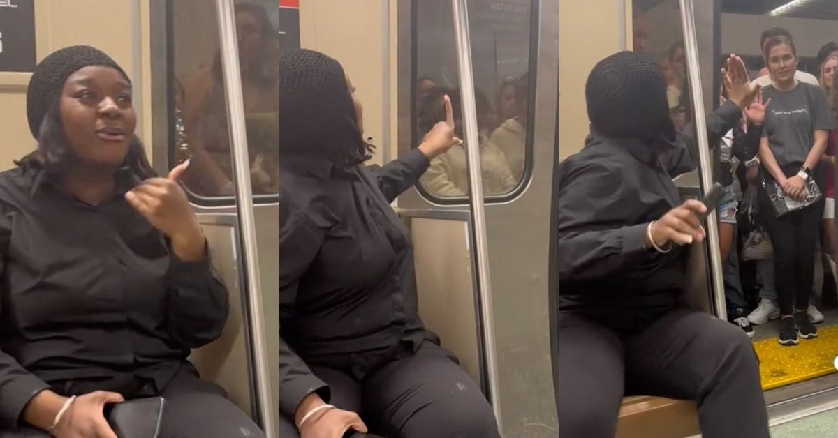 Screenshots of female subway passenger appearing anxious as Taylor Swift fans wait to board