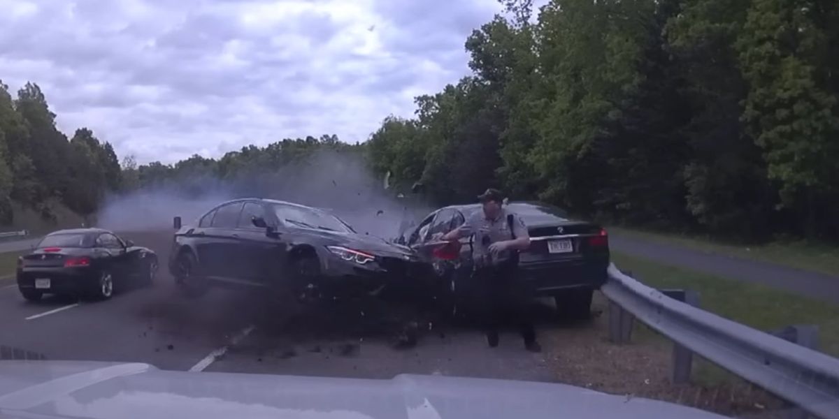 NextImg:'Miraculous': Cop narrowly survives 120 mph car crash caught on camera