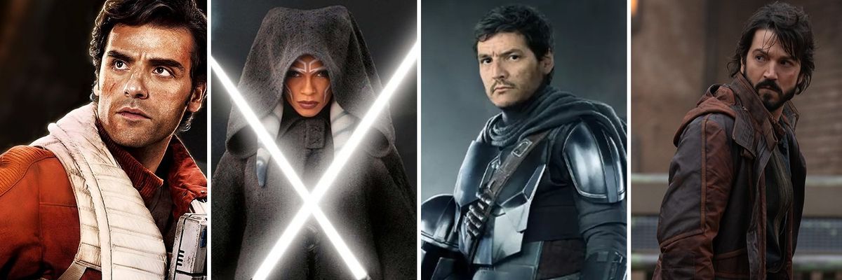 From left to right: Oscar Isaac as Poe Dameron, Rosario Dawson as Ahsoka Tano, Pedro Pascal as Din Djarin and Diego Luna as Cassian Andor.