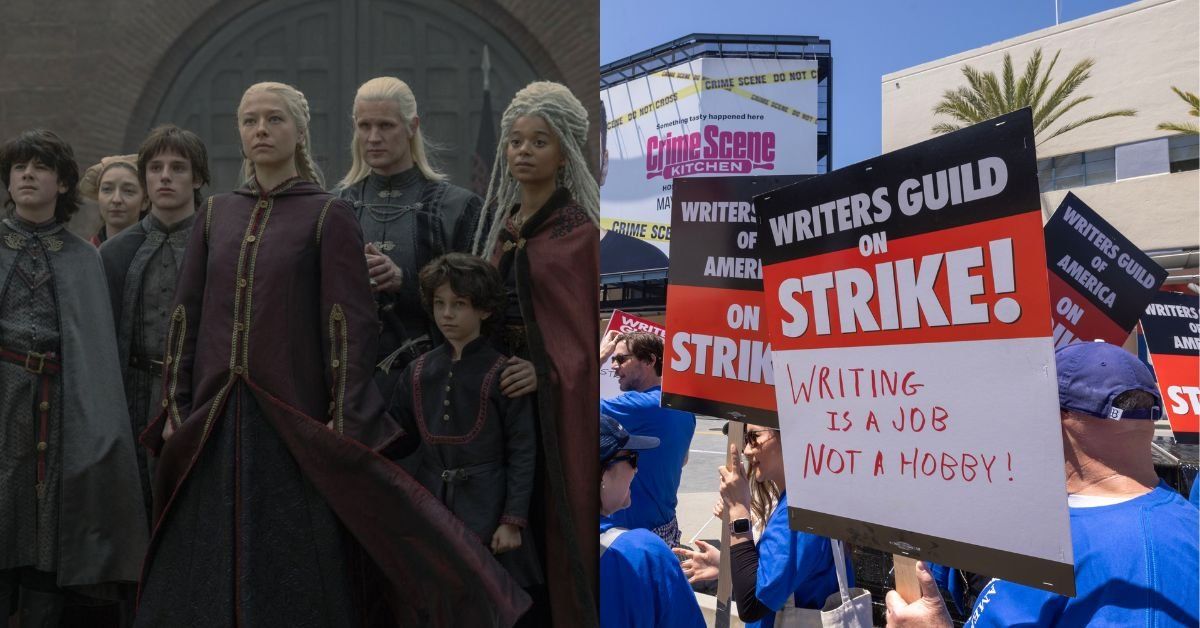 "House of the Dragon" still; Protesters with "WGA On Strike" signs