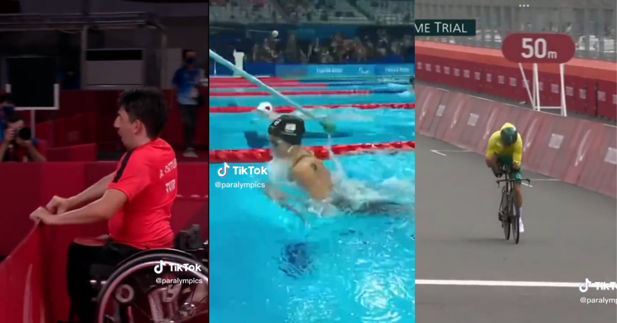Split screen of Paralympians competing in table tennis, swimming, and cycling