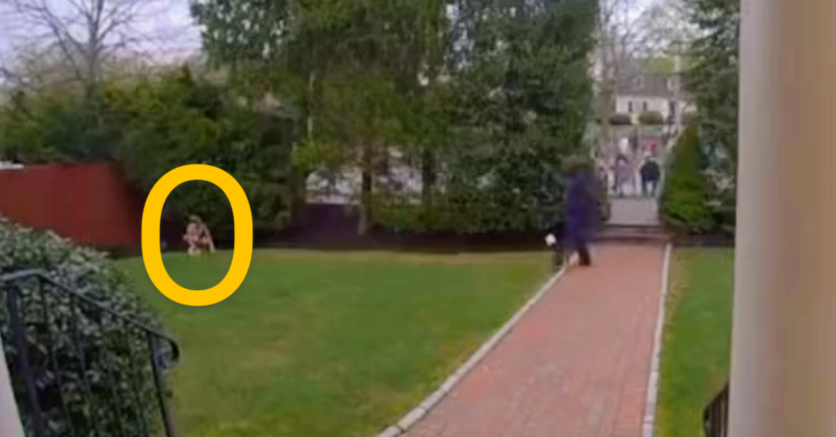 screenshot from homeowner's doorbell camera of Boston Marathon runner fertilizing the lawn