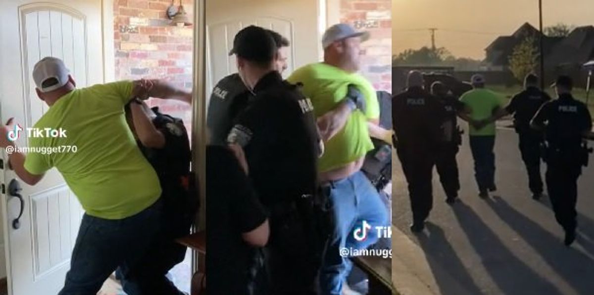 NextImg:Cops force their way into home, manhandle father, drag him away in handcuffs for allegedly piercing son's ear: Video
