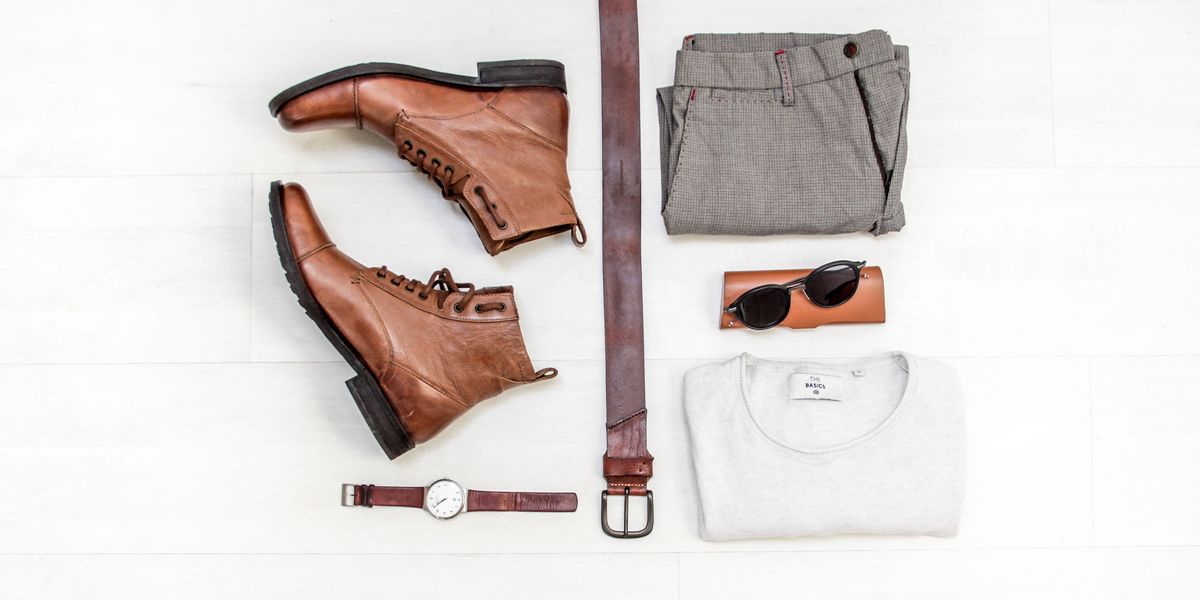 Boots, watch, belt, pants, shirt and sunglasses