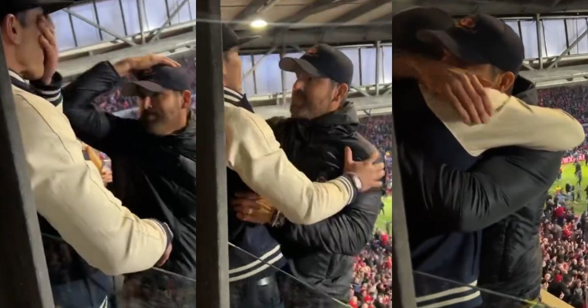 Screenshots of Ryan Reynolds and Rob McElhenney sharing celebratory hug