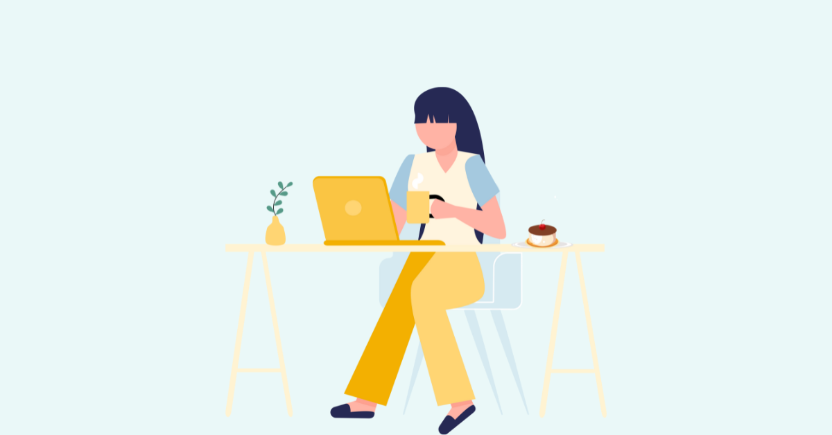cartoon image of a woman sitting at a desk typing on her laptop