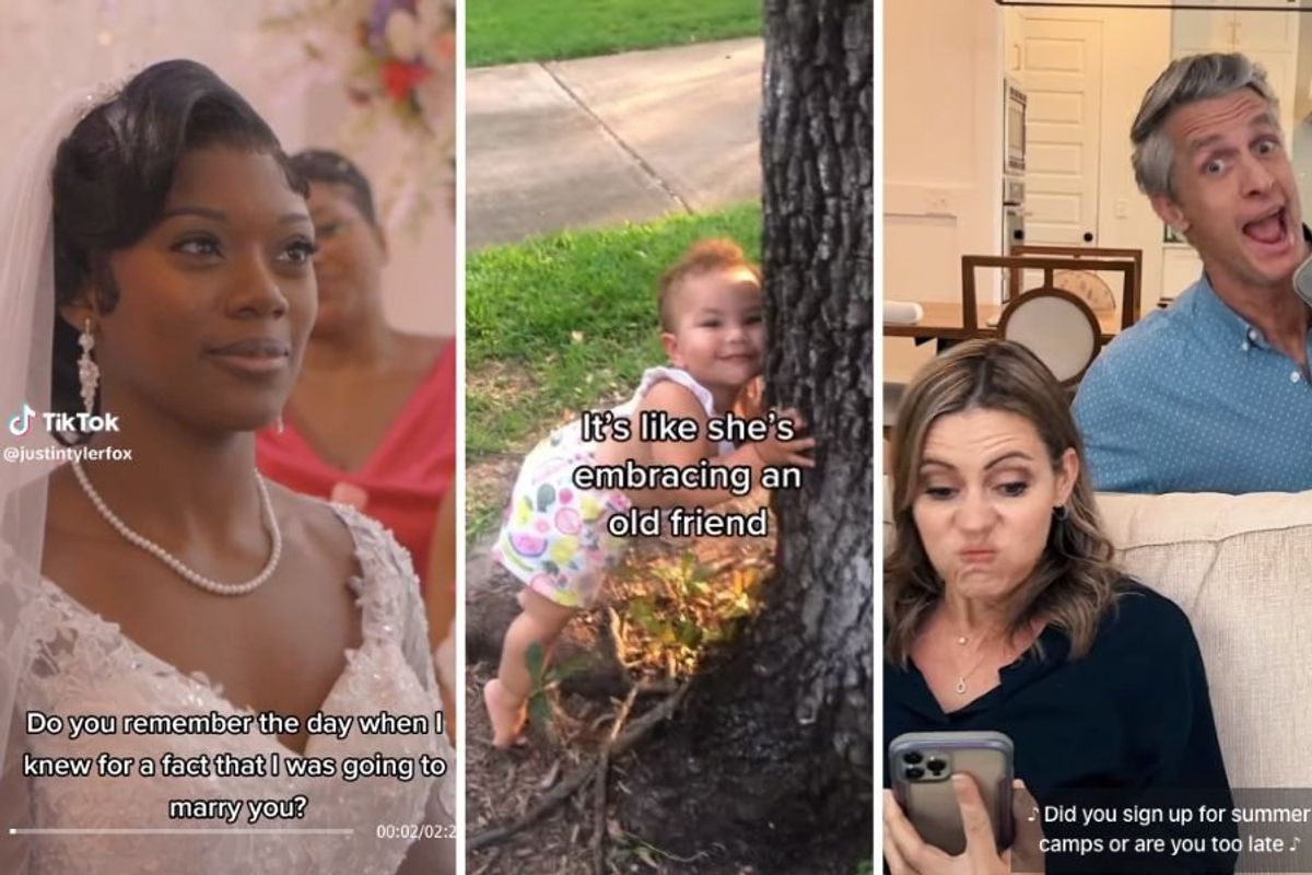 beautiful bride, toddler hugging tree, woman looking at phone and scowling with man singing behind her