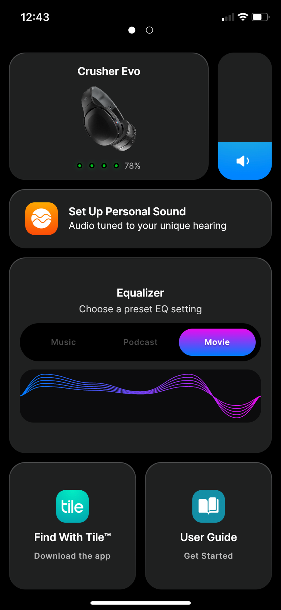 a screenshot of Skullcandy app dashboard