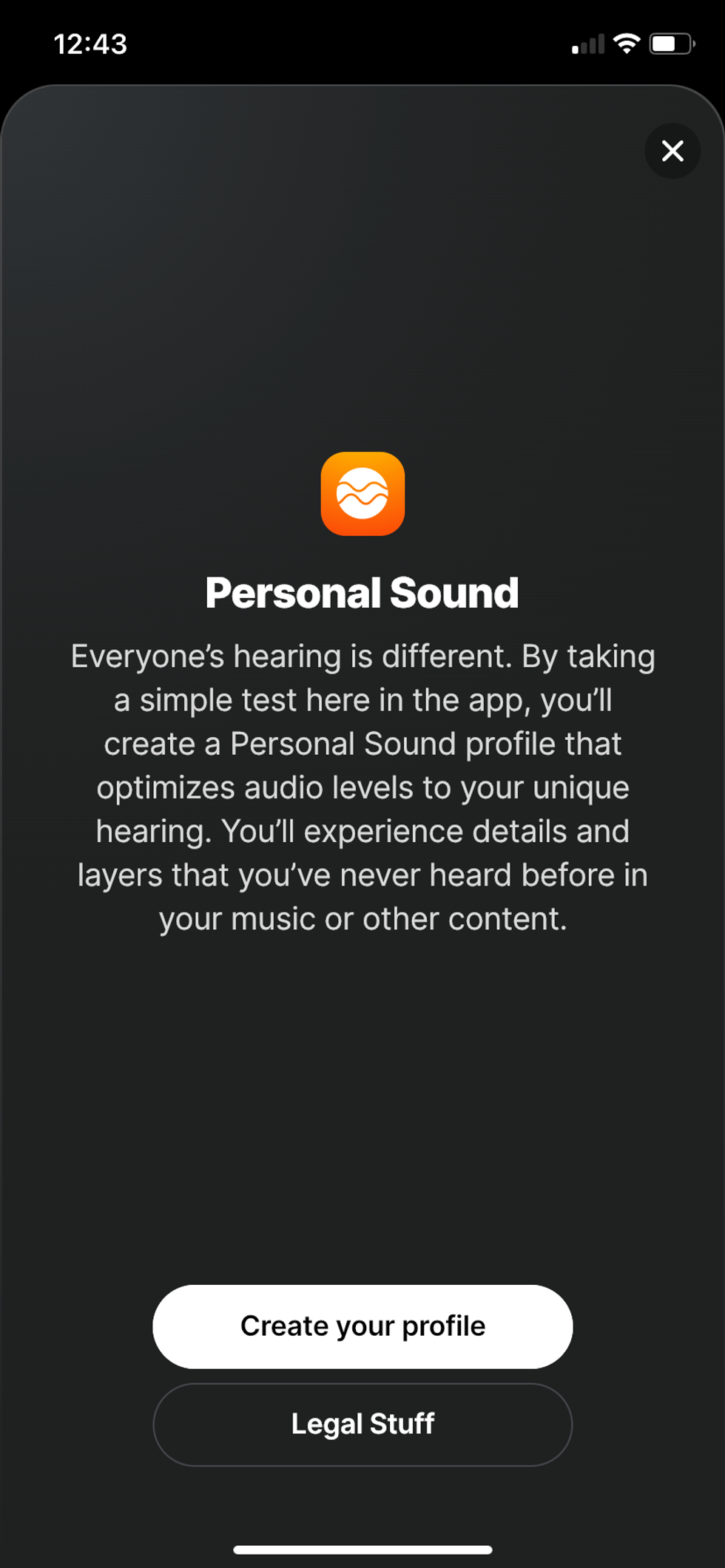 Screenshot of Skullcandy app's Personal Sound Test
