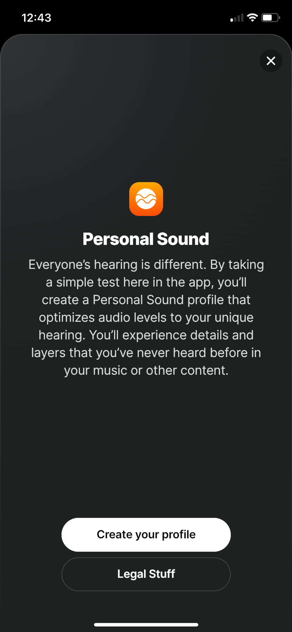 Screenshot of Skullcandy app's Personal Sound Test