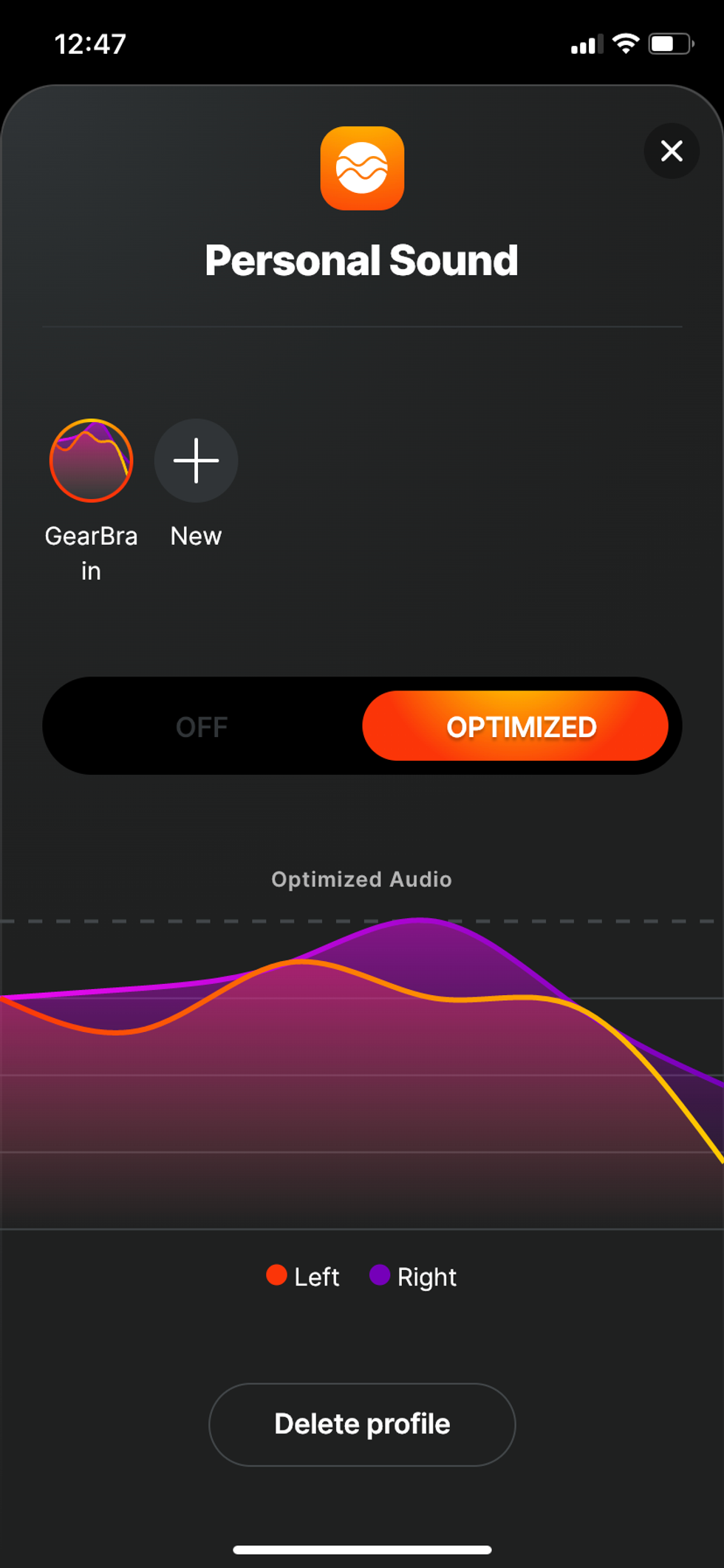 screenshot of personal sound test results in Skullcandy app
