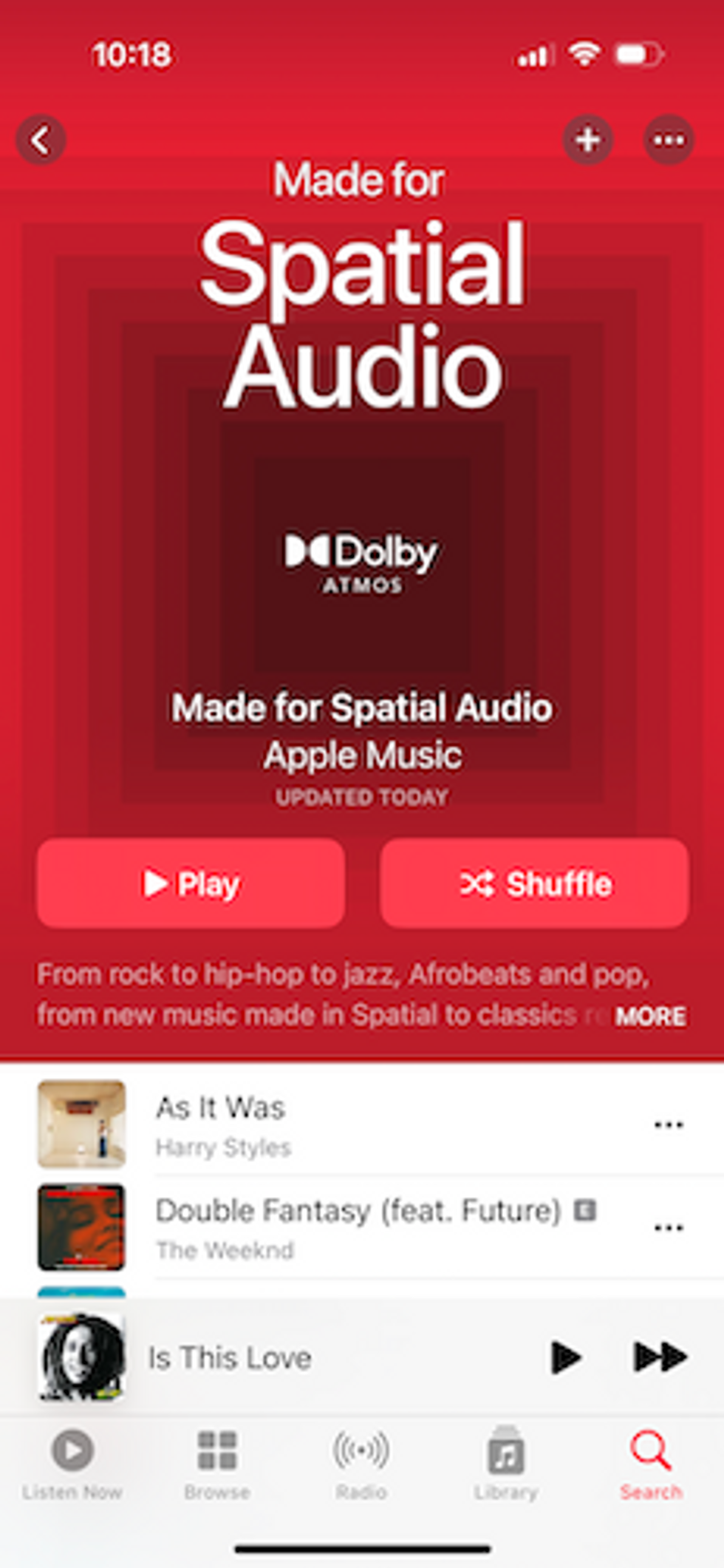 screenshot of Apple Music Spatial Audio section