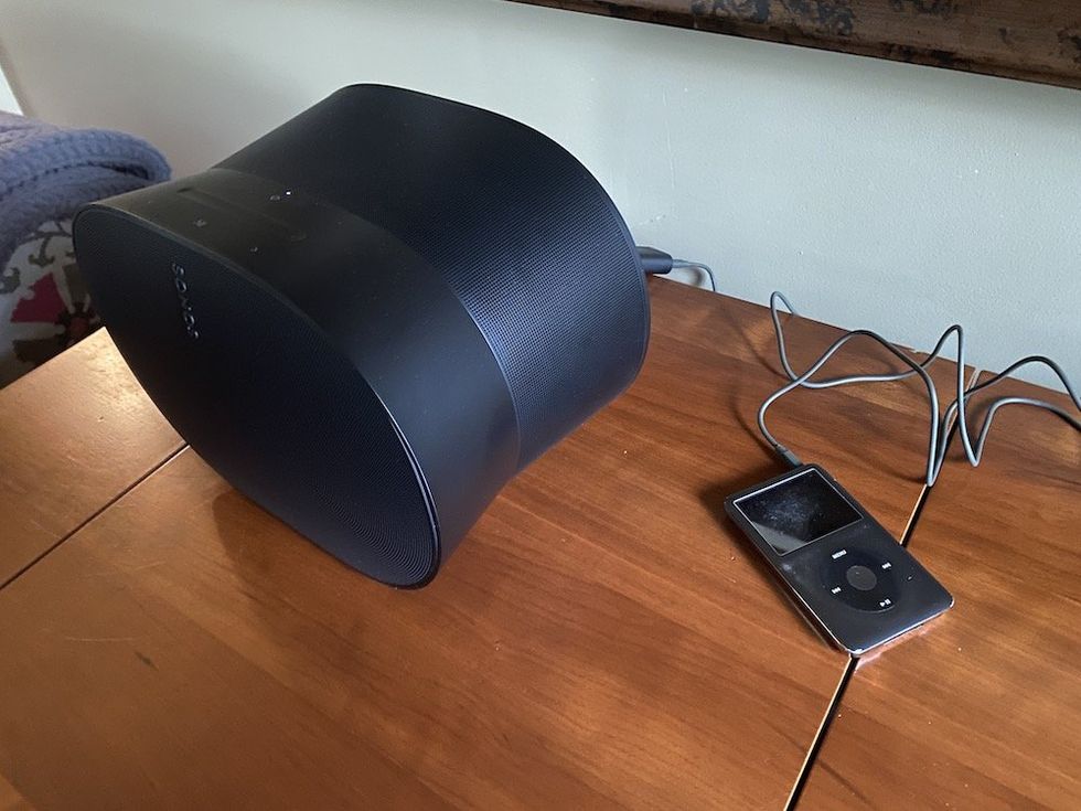 a photo of Era 300 speaker connected to an iPod via Sonos Line-In Adapter