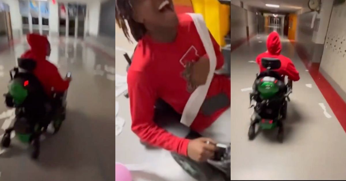 Screenshots from prank video of a student in a motor wheelchair