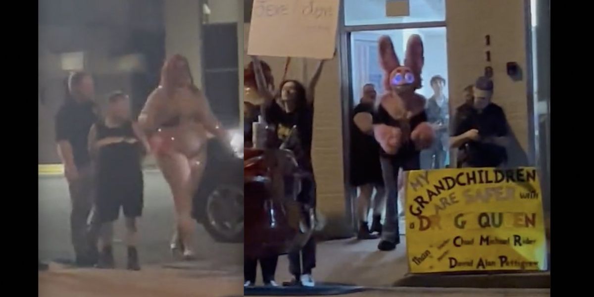 NextImg:Church reportedly hosts 'Family-Friendly Drag Show'; sparkly drag queen seen entering 'modern worship' venue — and pink bunny character seems to taunt protesters