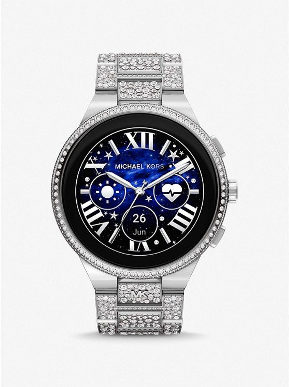 a product shot of Michael Kors Gen 6 Camille Pav\u00e9 Silver-Tone Smartwatch