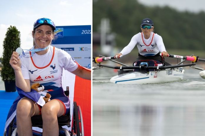 mulher na cadeira de rodas segurando medalha, mulher remando