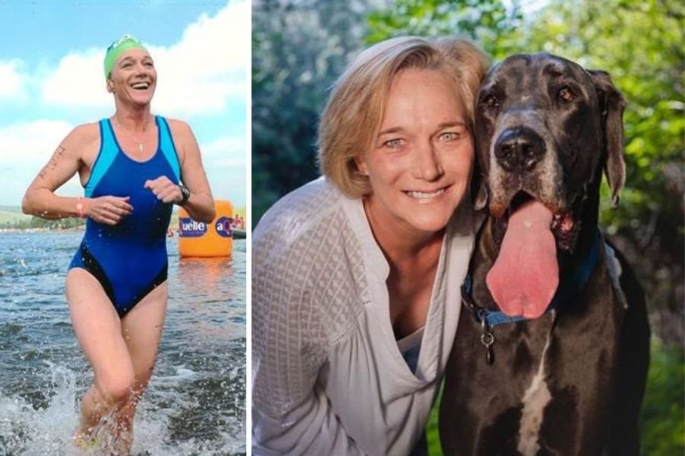 woman exiting water after swimming, woman with great dane