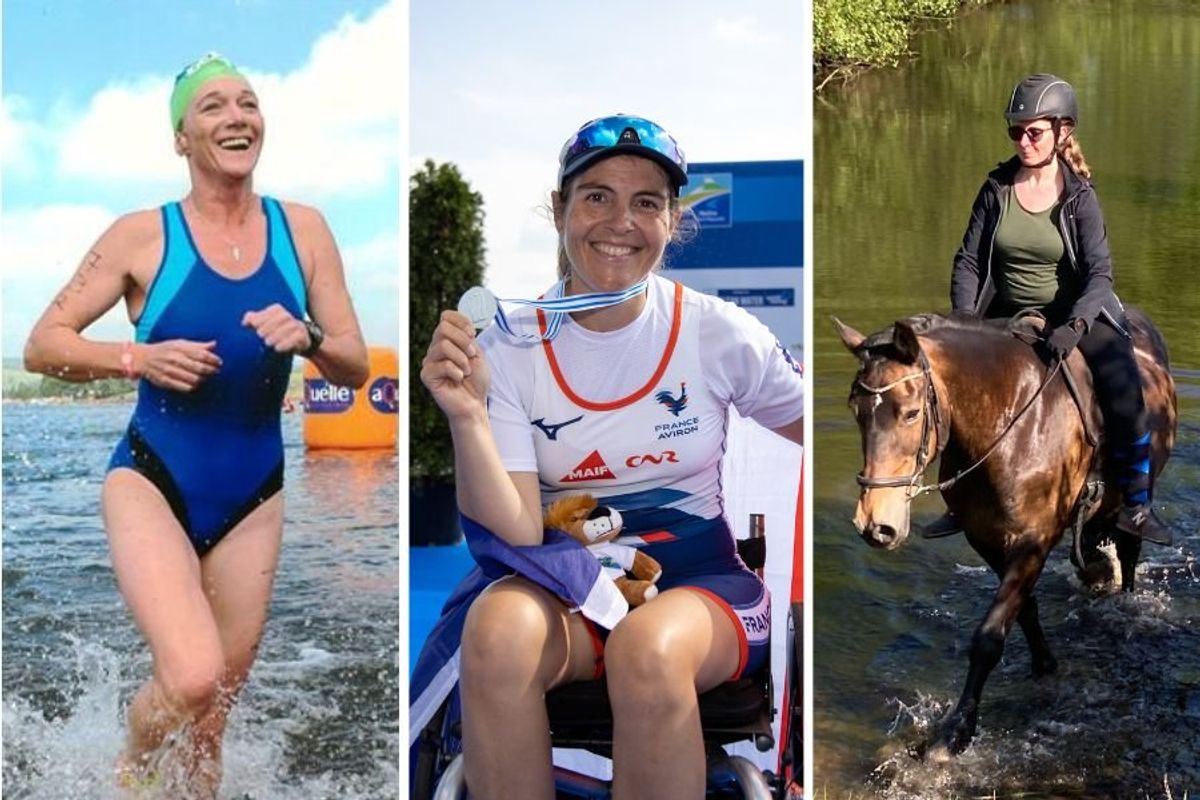 woman after swimming, woman holding medal in wheelchair, woman riding a horse