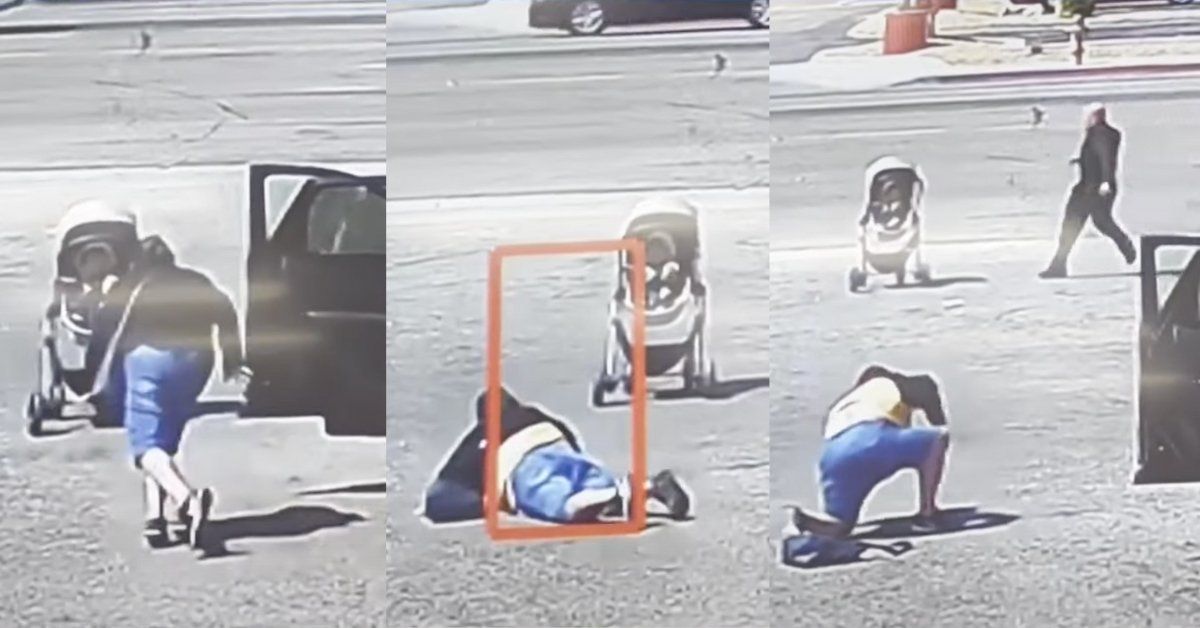 Screenshots from security video of the man rescuing the baby