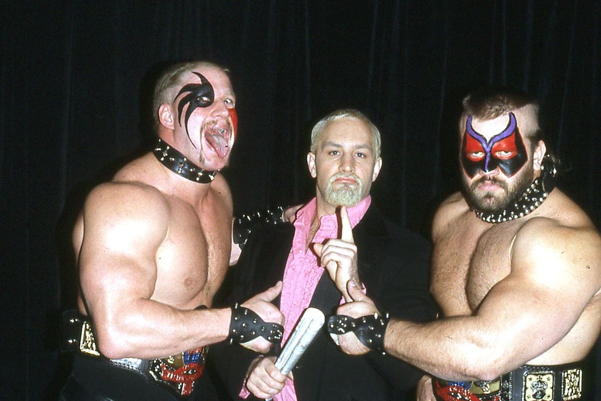 Wrestlers, Hawk and Animal of The Road Warriors aka The Legion Of Doom with Precious Paul Ellering. 