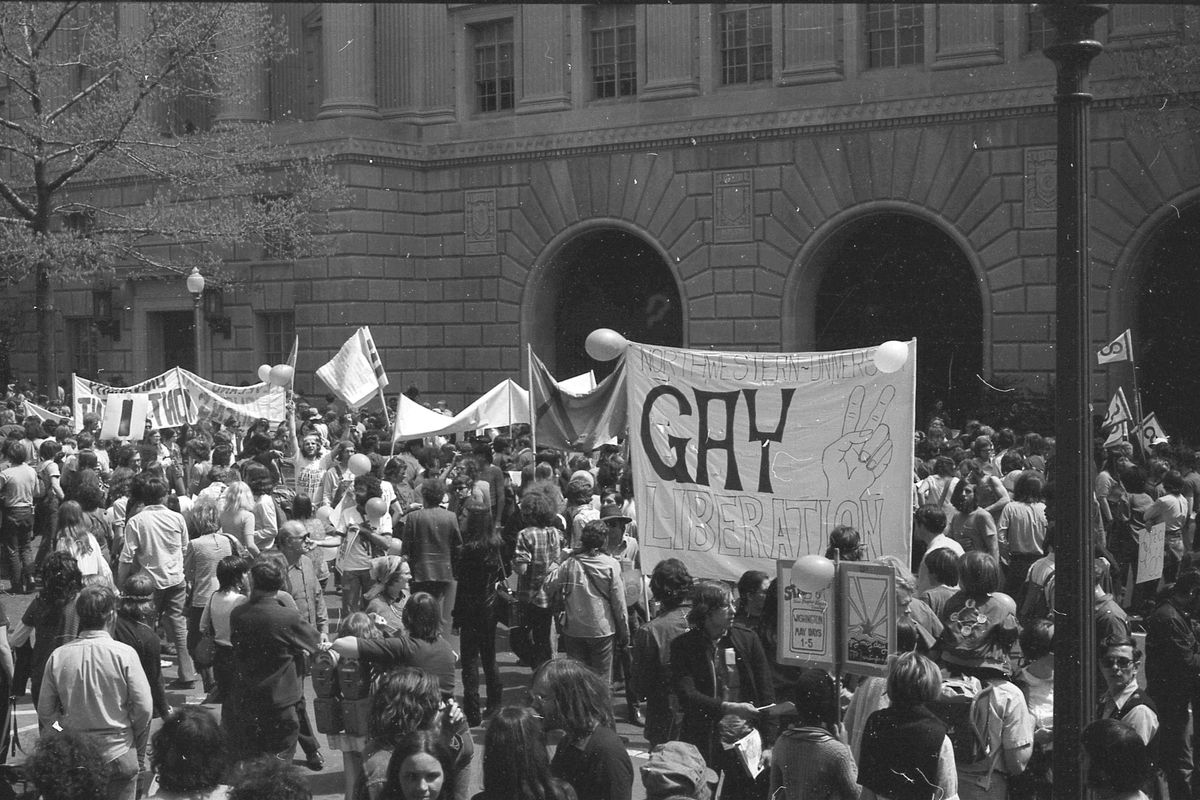 In the early 1970s, the Northwestern University Gay Liberation Froup attended the Anti-Vietnam War demonstration in Washington, D.C.